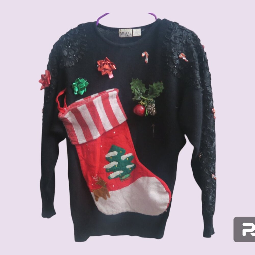 Nilani homemade ugly Christmas sweater with sleeve embroidery in black, red L